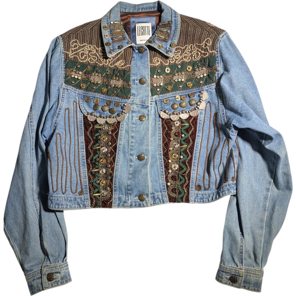 Vtg 1990s Legatte Heavily Embroidered Embellished Patchwork Denim Jacket Sz M
